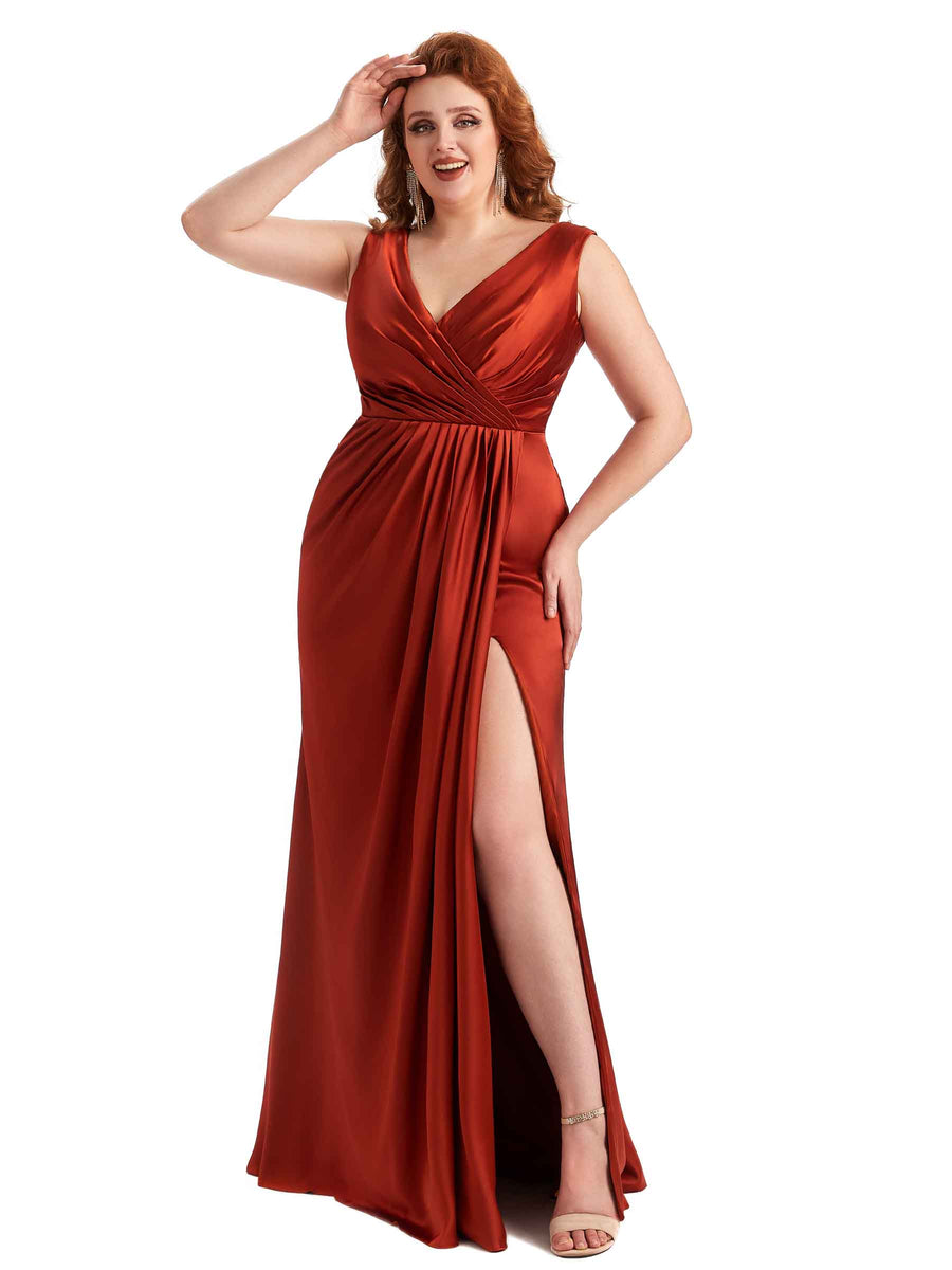 Plus Size Sexy Side Slit V-Neck A-line Soft Satin Long Wedding Party Dresses