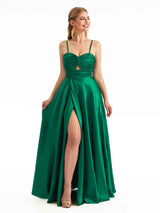 Chic A-line Stretchy Slit Unique Chic Satin Wedding Guest Dresses Satin Side