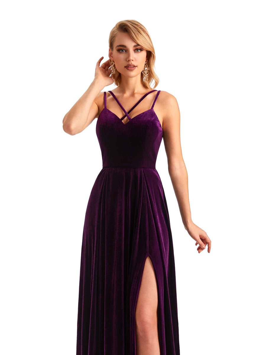Sexy Side Slit Spaghetti Straps Unique  Velvet Long Bridesmaid Dresses Online