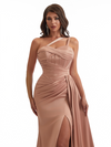 Sexy One Shoulder Side Slit Mermaid Soft Satin Long Bridesmaid Dresses Online
