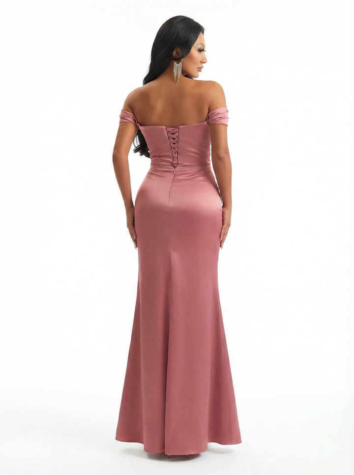 Elegant Mermaid Off The Shoulder Ruched Satin Long Ladies Evening Gowns Side Slit