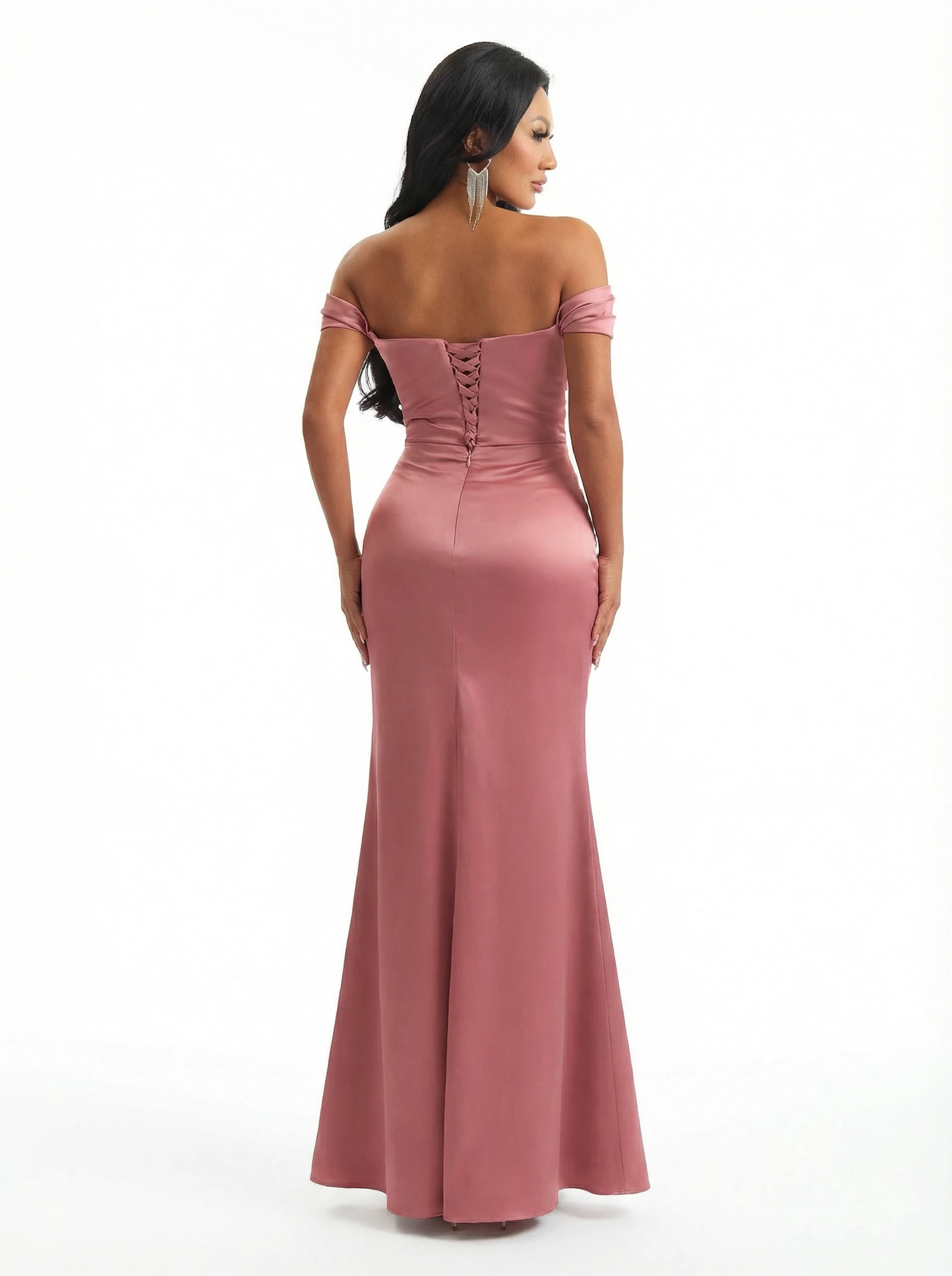 Elegant Mermaid Off The Shoulder Ruched Satin Long Ladies Evening Gowns Side Slit