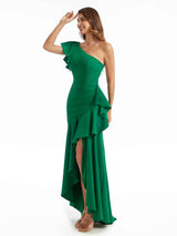 Sexy Side Split Ruffles Mermaid One Shoulder Stretch Crepe Long Wedding Guest Dresses