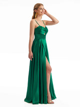 Chic A-line Stretchy Slit Unique Chic Satin Wedding Guest Dresses Satin Side