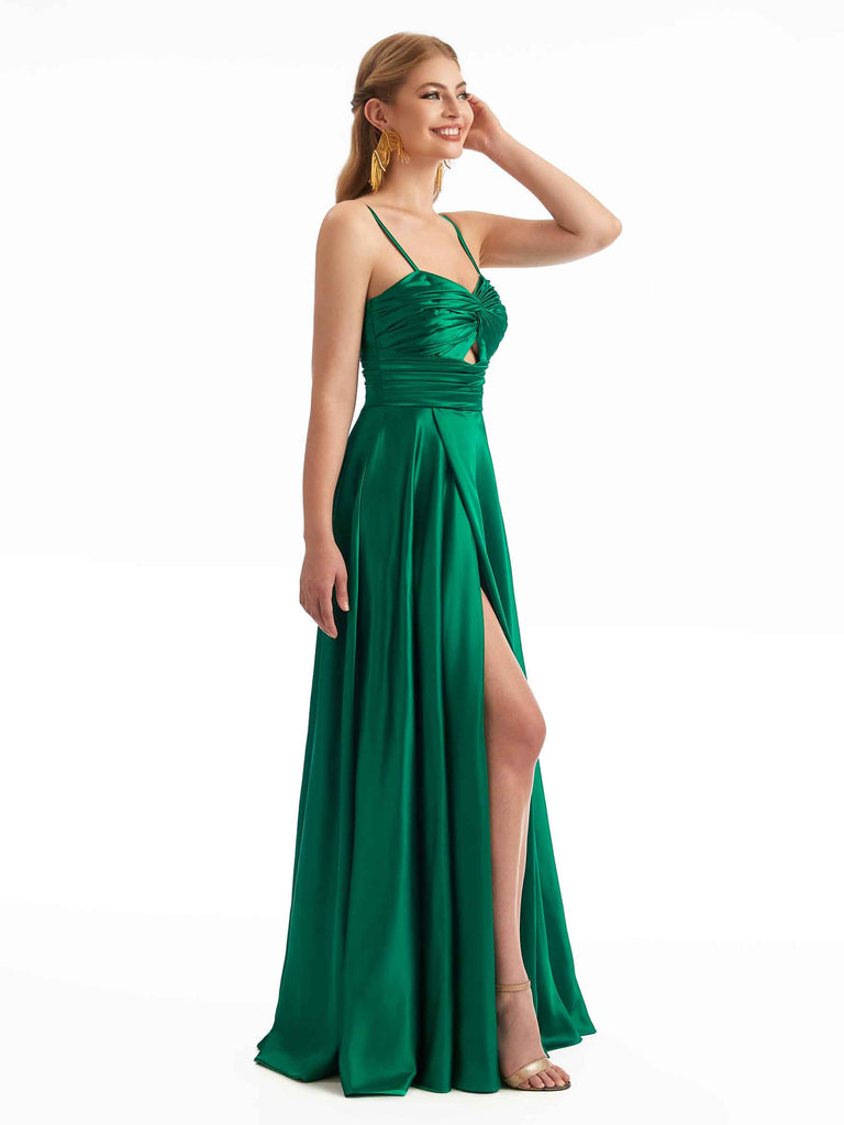 Chic Spaghetti Straps Unique A-line Stetch Satin Long Bridesmaid Dresses Online