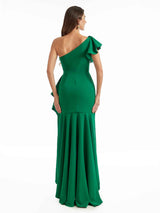 Sexy Side Split Ruffles Mermaid One Shoulder Stretch Crepe Long Wedding Guest Dresses