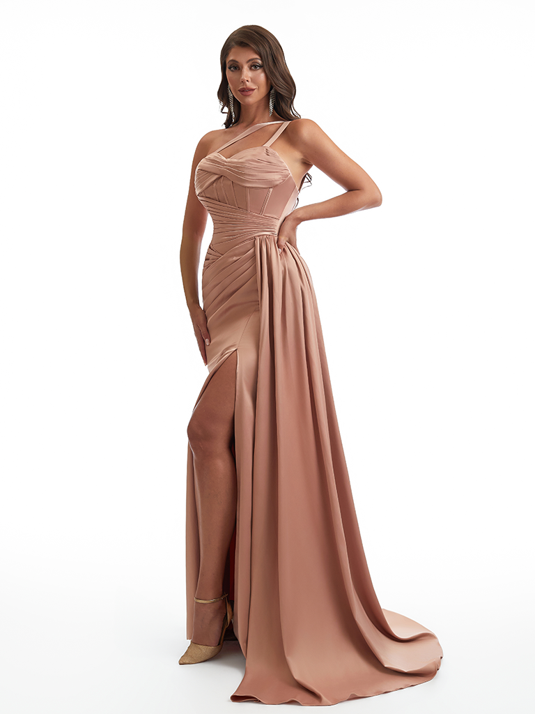 Sexy One Shoulder Side Slit Mermaid Soft Satin Long Bridesmaid Dresses Online