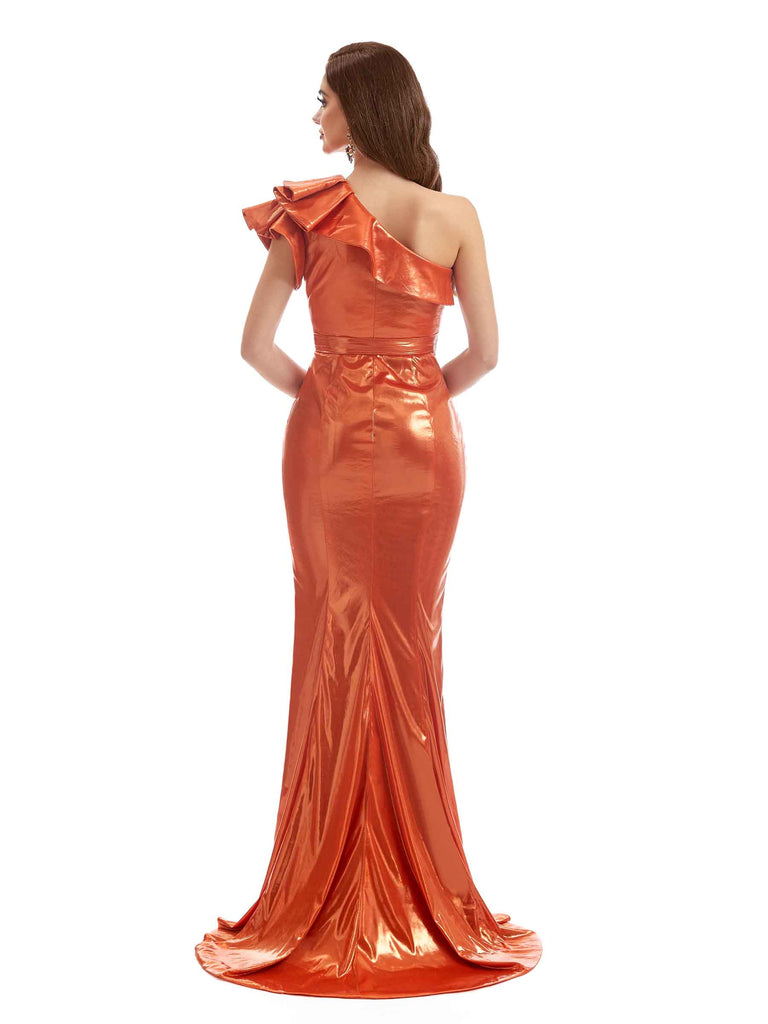 Sexy Ruffles Mermaid One Shoulder Metallic Stretch Shiny Fabric Long Bridesmaid Dresses Online