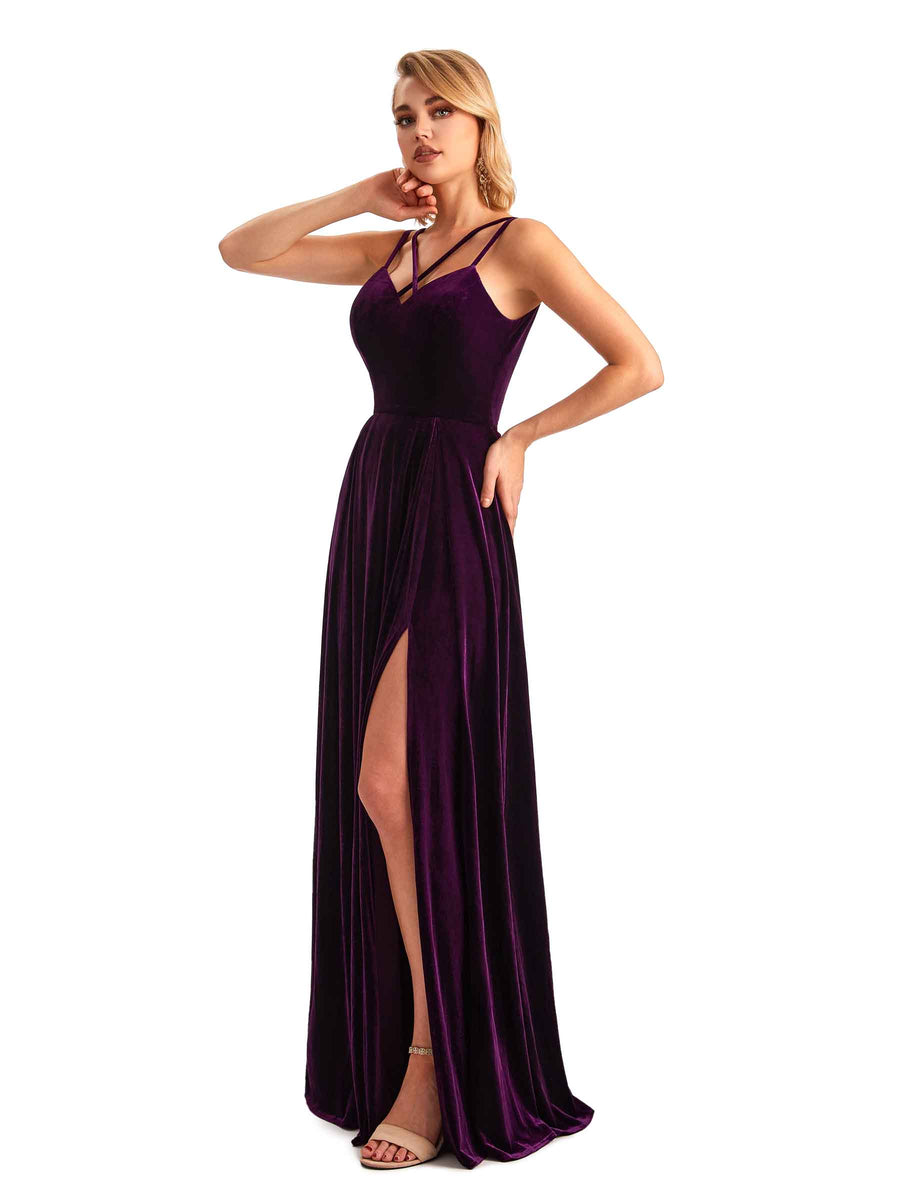 Sexy Side Slit Spaghetti Straps Unique  Velvet Long Bridesmaid Dresses Online