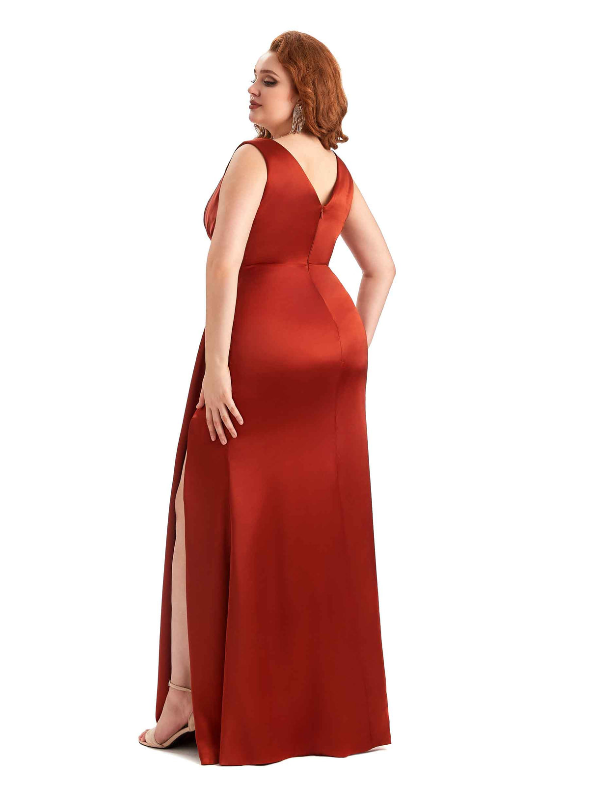 Plus Size Sexy Side Slit V-Neck A-line Soft Satin Long Wedding Party Dresses