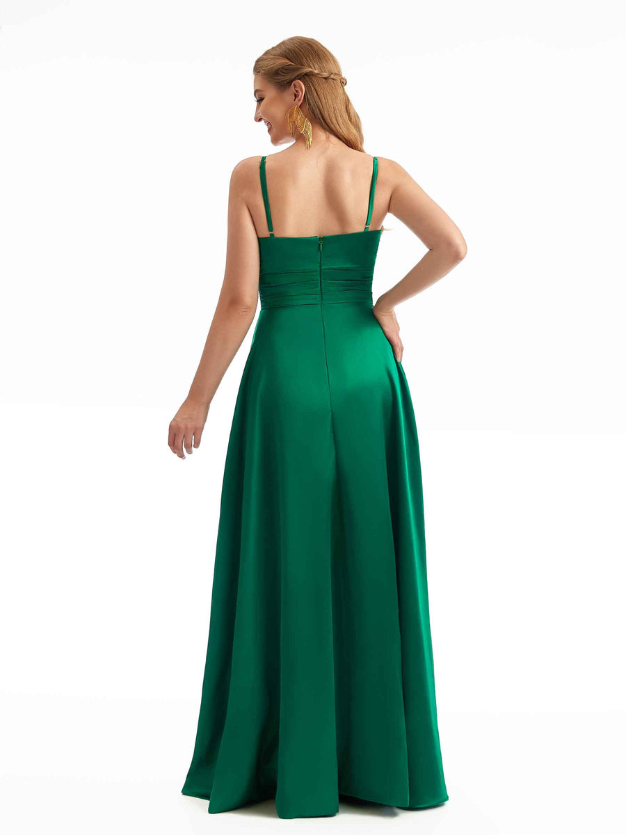 Chic Spaghetti Straps Stretchy Satin Side Slit Unique Stretchy Online Bridesmaid Dresses
