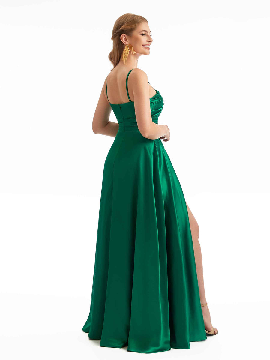 Chic Spaghetti Straps Stretchy Satin Side Slit Unique Stretchy Online Bridesmaid Dresses