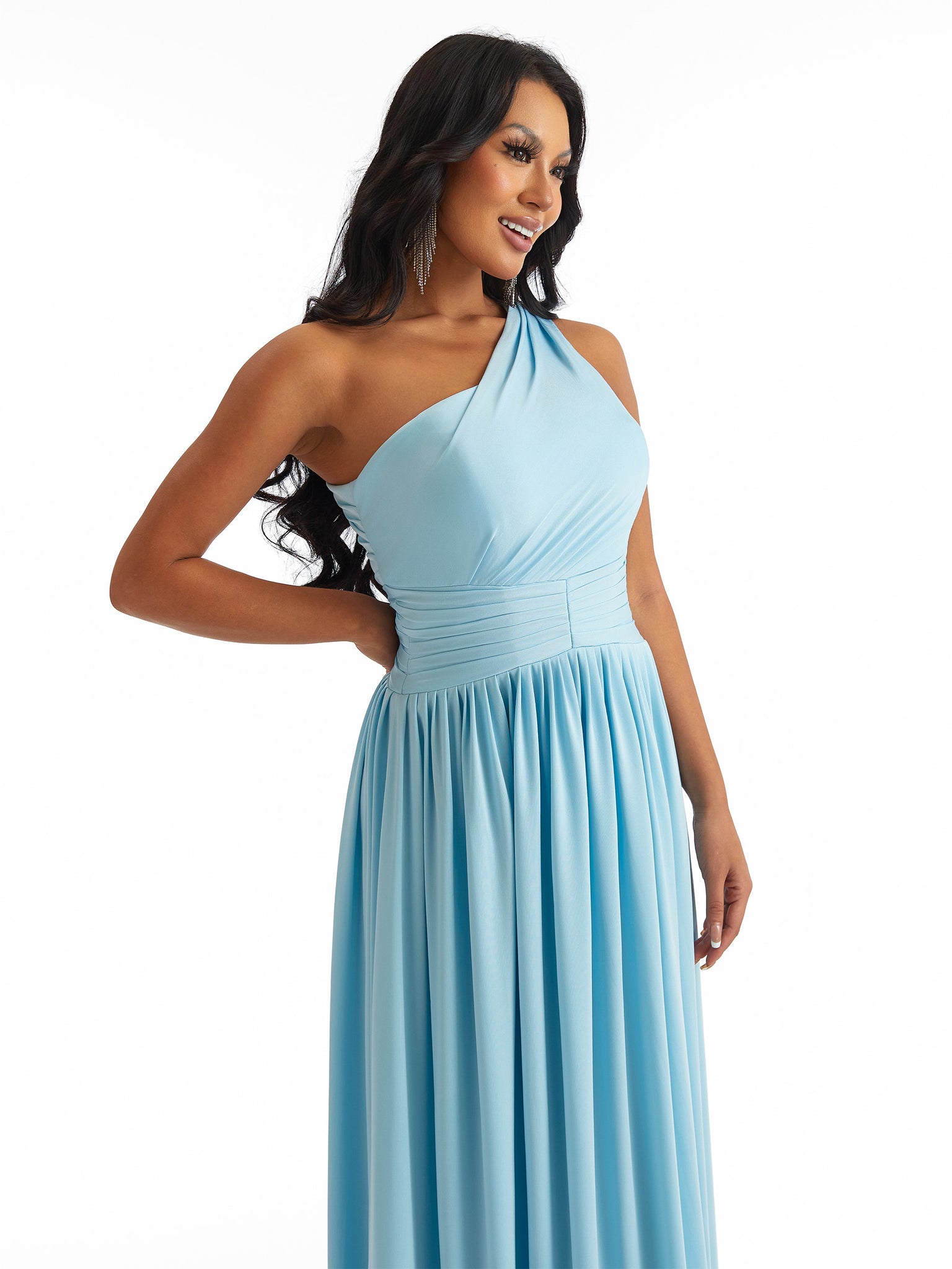 Sexy One Shoulder A-Line Stretchy Jersey Ruched Long Formal Bridesmaid Dresses