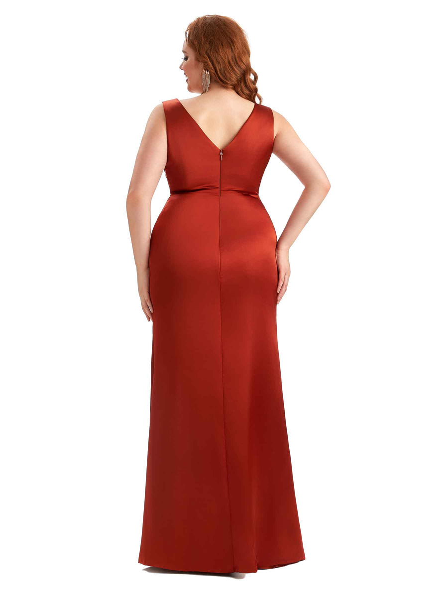 Plus Size Sexy Side Slit V-Neck A-line Soft Satin Long Wedding Party Dresses