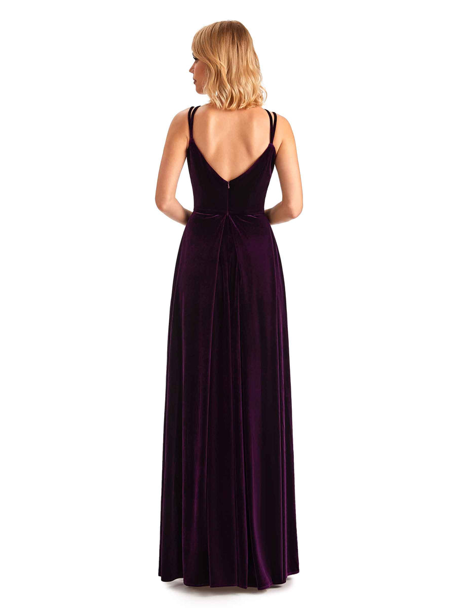 Sexy Side Slit Spaghetti Straps Unique  Velvet Long Bridesmaid Dresses Online