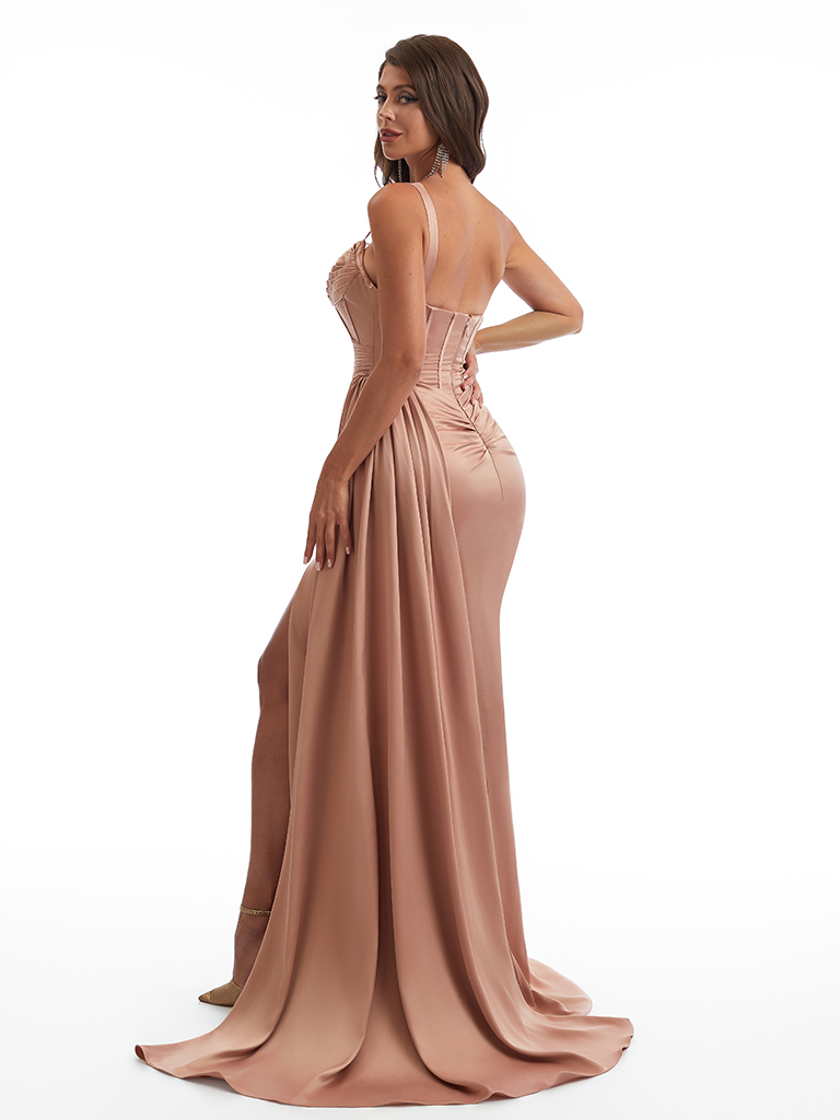 Sexy One Shoulder Side Slit Mermaid Soft Satin Long Bridesmaid Dresses Online