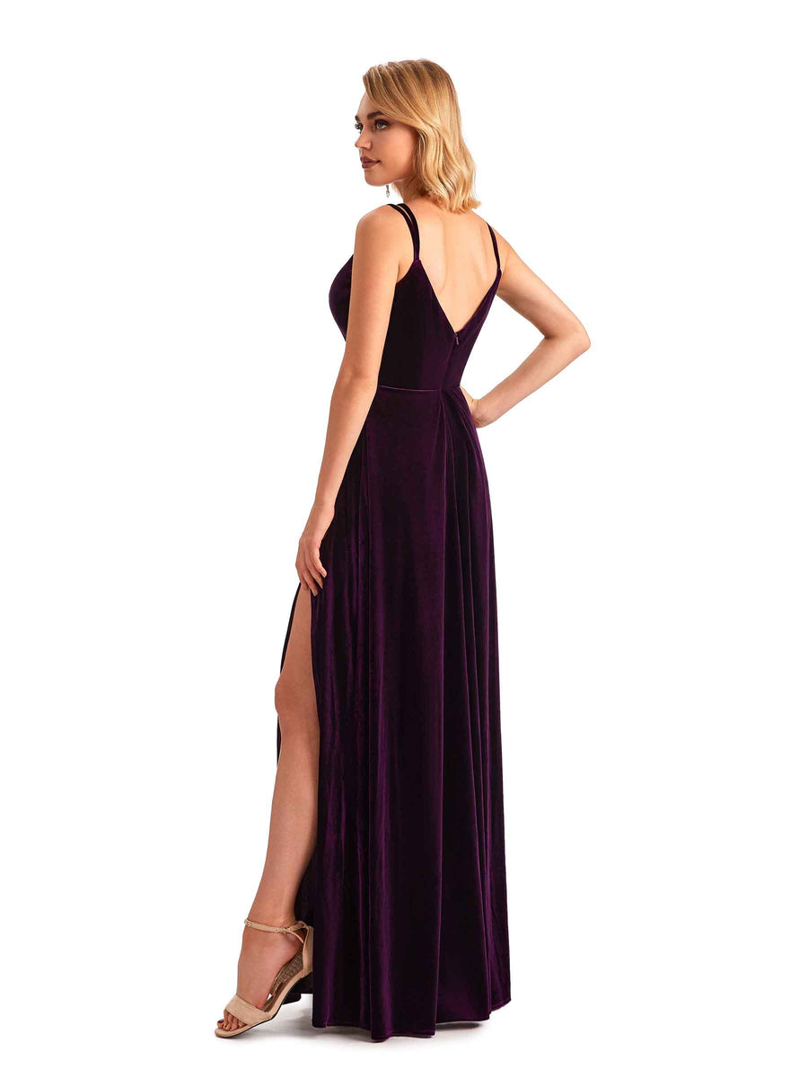 Sexy Side Slit Spaghetti Straps Unique  Velvet Long Bridesmaid Dresses Online