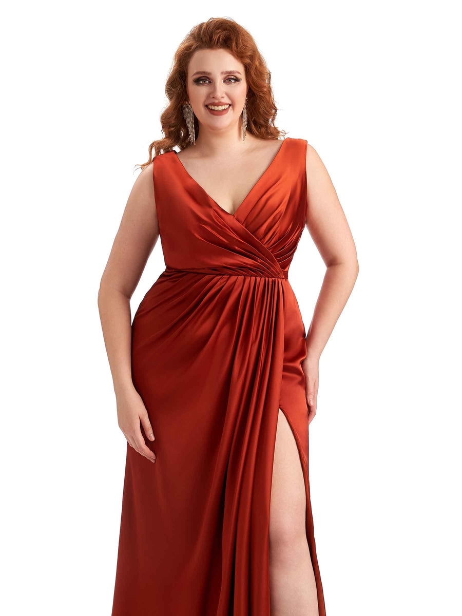 Plus Size Sexy Side Slit V-Neck A-line Soft Satin Long Wedding Party Dresses