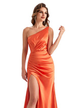 Sexy Side Slit Mermaid Silky Satin One Shoulder Maxi Unique Formal Dresses For Women