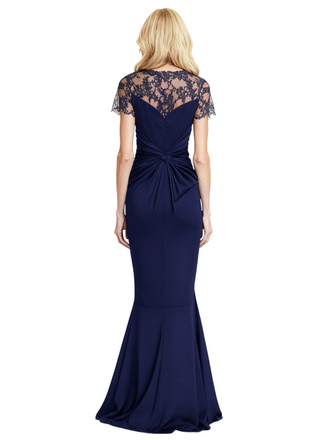 Elegant Short Sleeves Illusion Lace Crepe Side Slit Mermaid Mother of the Brides Dresses