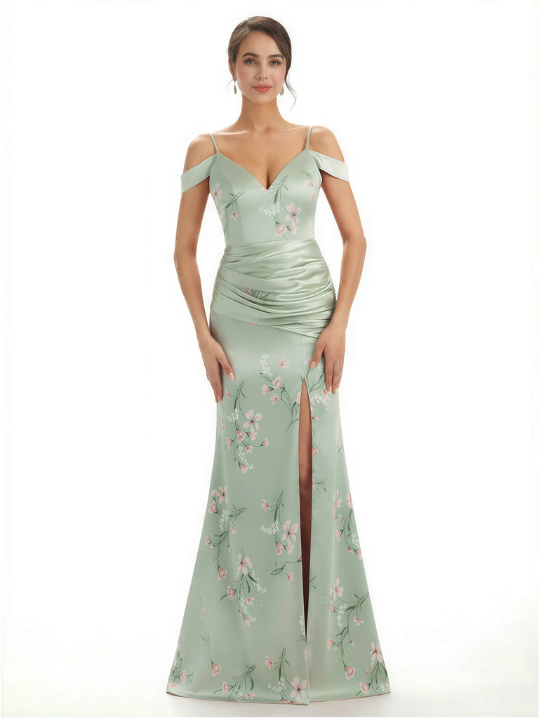 Trendy Cold Shoulder Side Slit Mermaid Floral Satin Maxi Floral Formal Dresses For Ladies