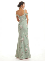 Trendy Cold Shoulder Side Slit Mermaid Floral Satin Maxi Floral Formal Dresses For Ladies
