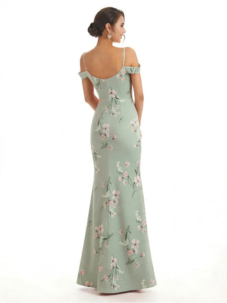 Trendy Cold Shoulder Side Slit Mermaid Floral Satin Maxi Floral Formal Dresses For Ladies