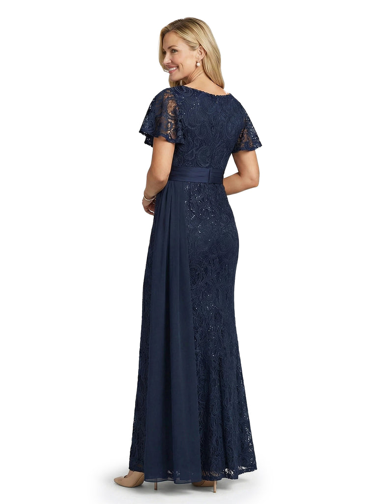 ChicSew Jewel Short Sleeves Lace Mermaid Floor Length Chiffon Elegant Mother Of The Bride Dresses