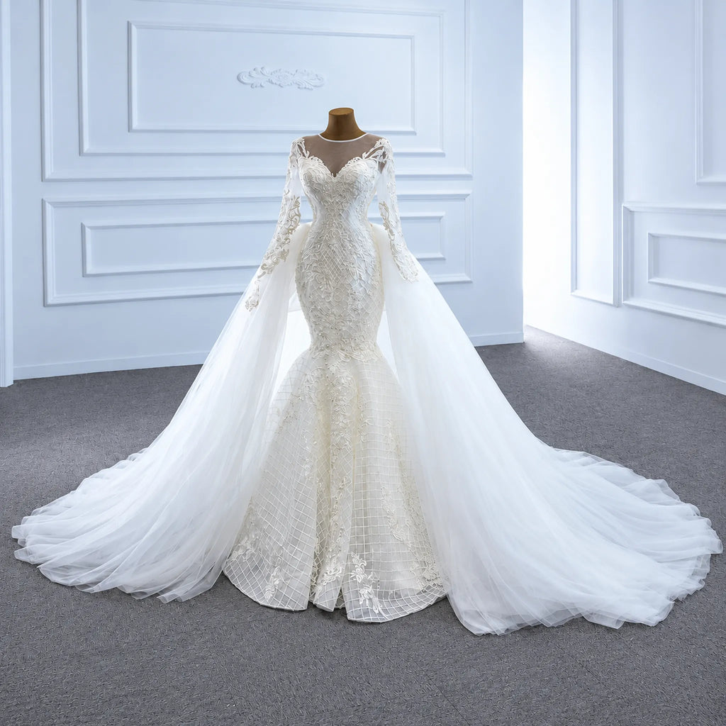 ChicSew Sparkly Mermaid Illusion Ball Gown Wedding Dress With Overskirt