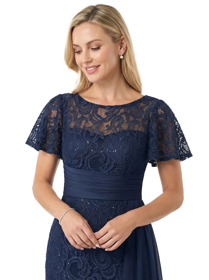 ChicSew Jewel Short Sleeves Lace Mermaid Floor Length Chiffon Elegant Mother Of The Bride Dresses