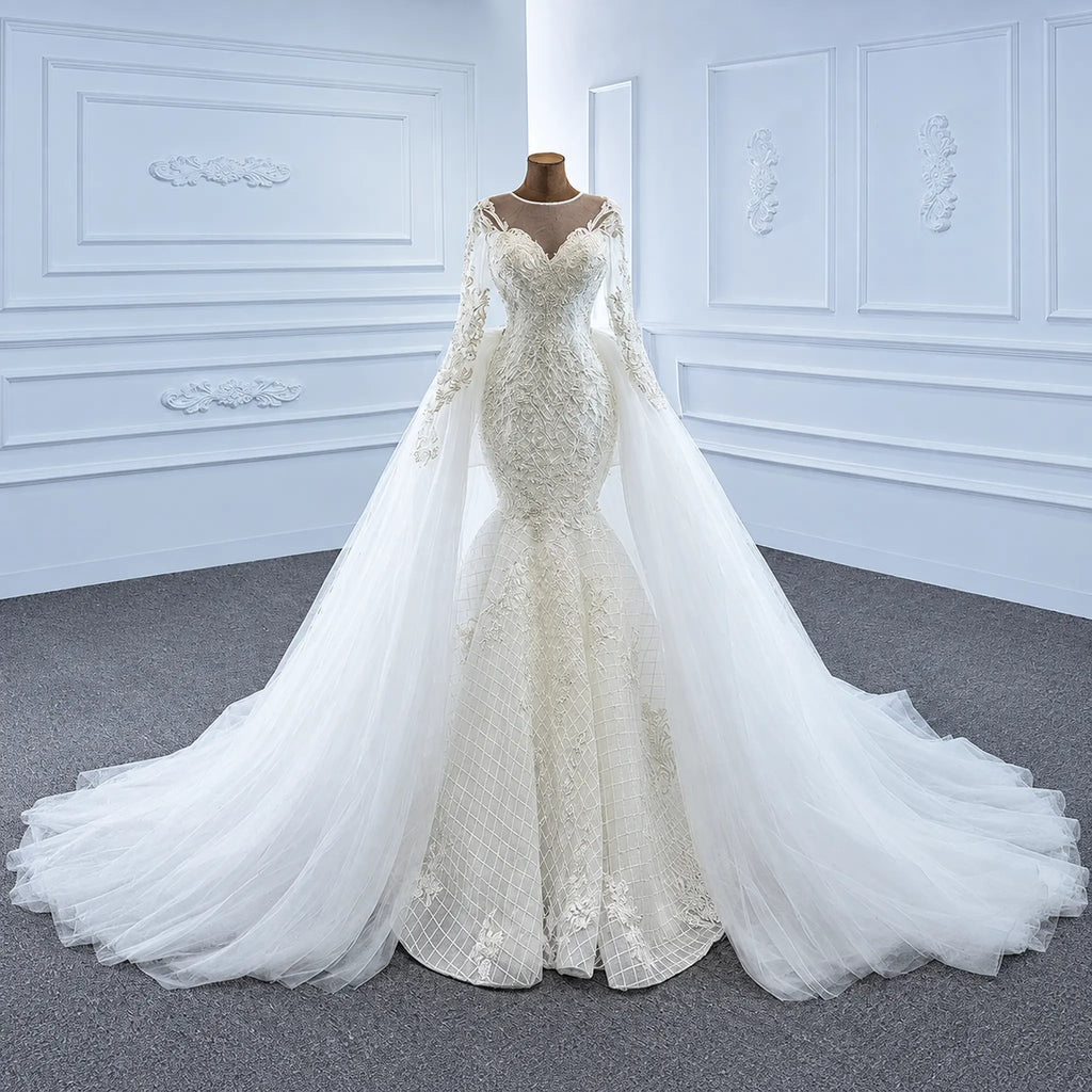 ChicSew Sparkly Mermaid Illusion Ball Gown Wedding Dress With Overskirt