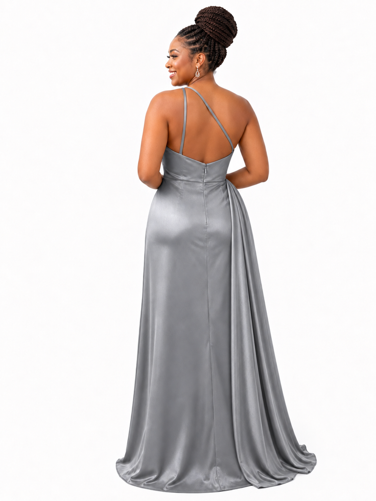 ChicSew Modern One Shoulder Side Slit Ruching Mermaid Soft Satin Floor-Length Bridesmaid Dresses