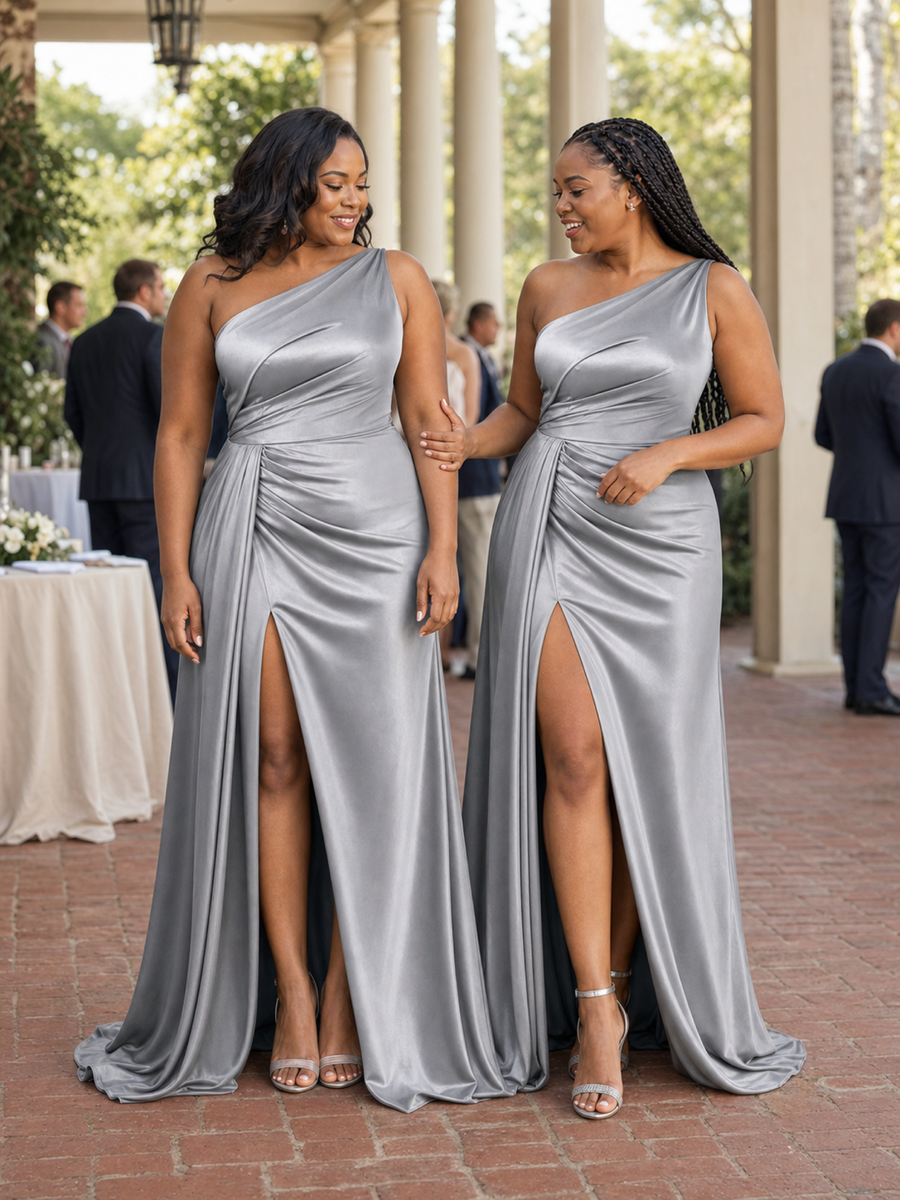 ChicSew Modern One Shoulder Side Slit Ruching Mermaid Soft Satin Floor-Length Bridesmaid Dresses