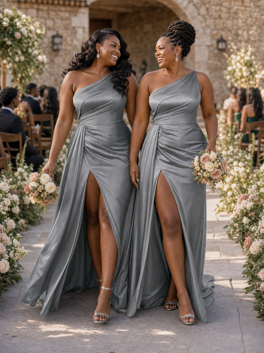 ChicSew Modern One Shoulder Side Slit Ruching Mermaid Soft Satin Floor-Length Bridesmaid Dresses