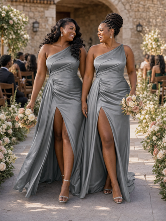 ChicSew Modern One Shoulder Side Slit Ruching Mermaid Soft Satin Floor-Length Bridesmaid Dresses