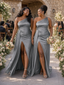 ChicSew Modern One Shoulder Side Slit Ruching Mermaid Soft Satin Floor-Length Bridesmaid Dresses