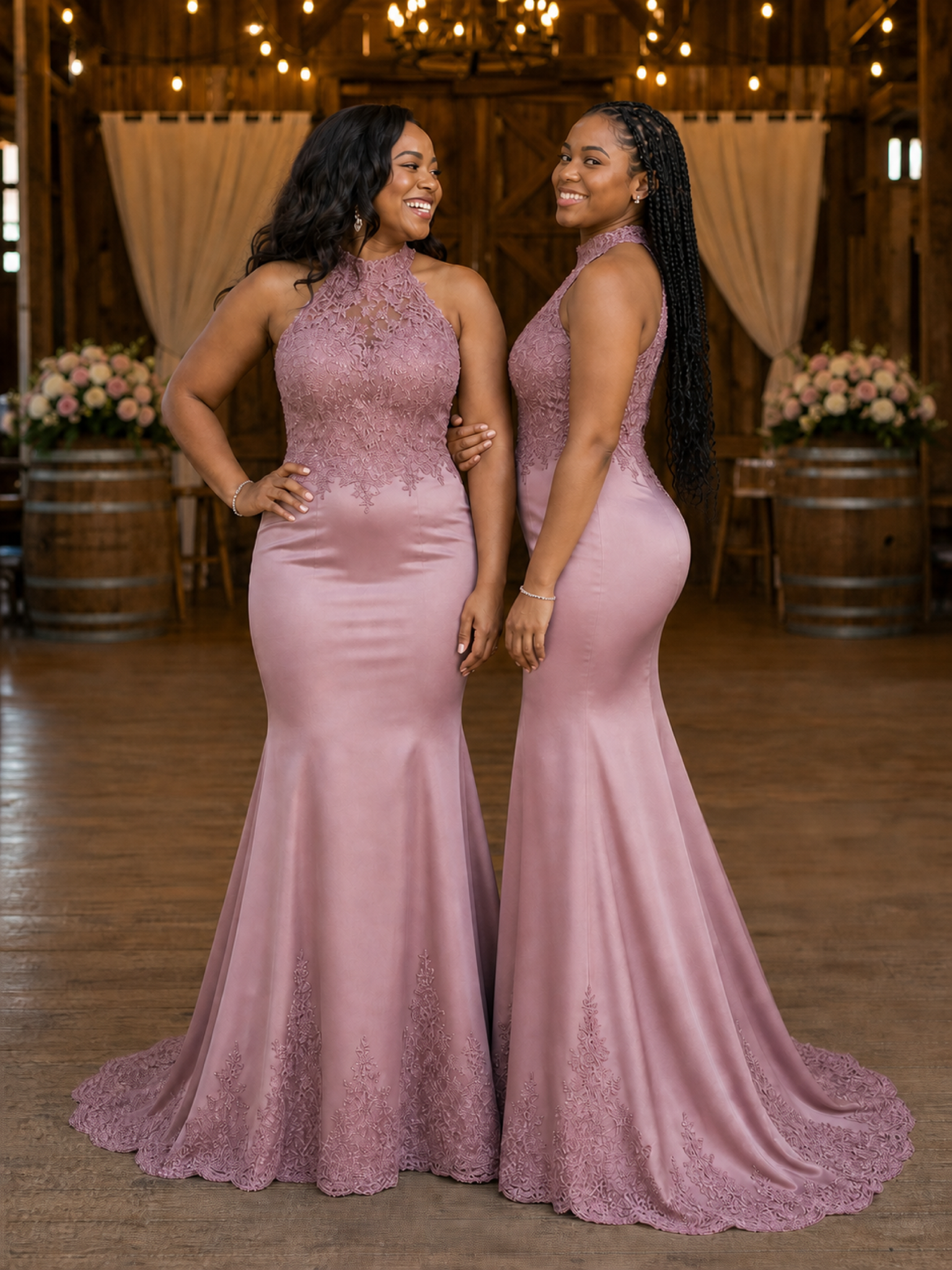 ChicSew Sleeveless Halter High Neck Lace Appliques Soft Satin Long Mermaid Bridesmaid Dresses