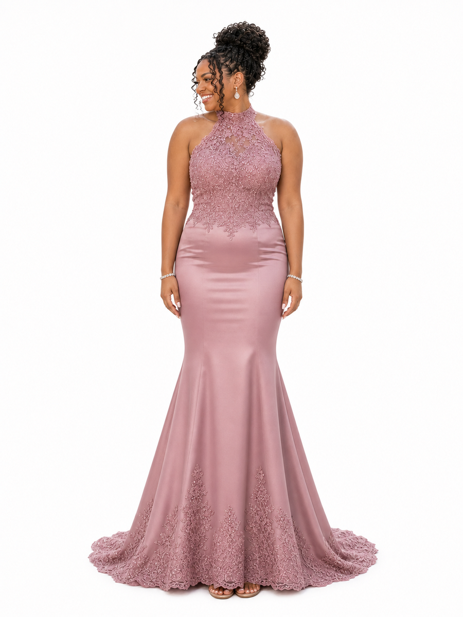 ChicSew Sleeveless Halter High Neck Lace Appliques Soft Satin Long Mermaid Bridesmaid Dresses — Flatter Your Figure
