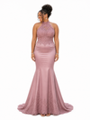 ChicSew Sleeveless Halter High Neck Lace Appliques Soft Satin Long Mermaid Bridesmaid Dresses