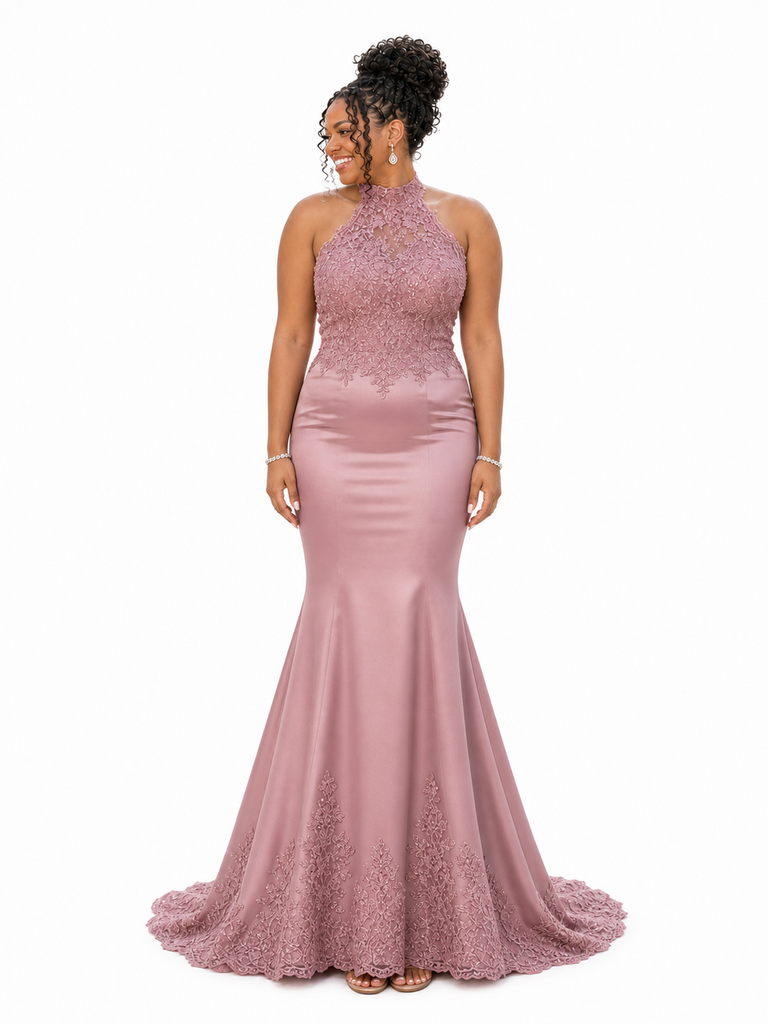 ChicSew Sleeveless Halter High Neck Lace Appliques Soft Satin Long Mermaid Bridesmaid Dresses