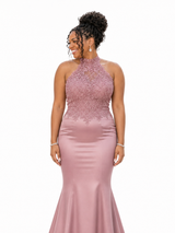 ChicSew Sleeveless Halter High Neck Lace Appliques Soft Satin Long Mermaid Bridesmaid Dresses