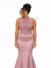 ChicSew Sleeveless Halter High Neck Lace Appliques Soft Satin Long Mermaid Bridesmaid Dresses