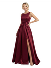 Simple Scoop A-line Side Slit Open Back Satin Long Party Prom Dresses