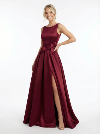 Simple Scoop A-line Side Slit Open Back Satin Long Party Prom Dresses