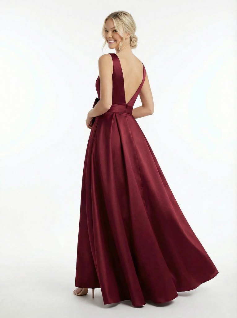Simple Scoop A-line Side Slit Open Back Satin Long Party Prom Dresses