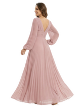 Elegant Pleated Mother of the Bride Gown V-Neck Bishop Sleeve Flowy Chiffon Maxi Dress