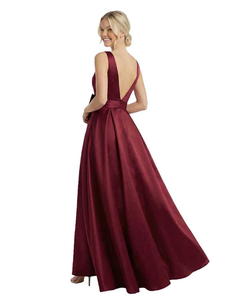 Simple Scoop A-line Side Slit Open Back Satin Long Party Prom Dresses