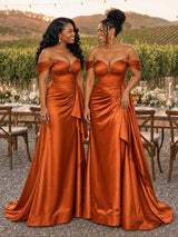 ChicSew V-Neck Off Shoulder Rhinestone Soft Satin Long Mermaid Bridesmaid Dresses