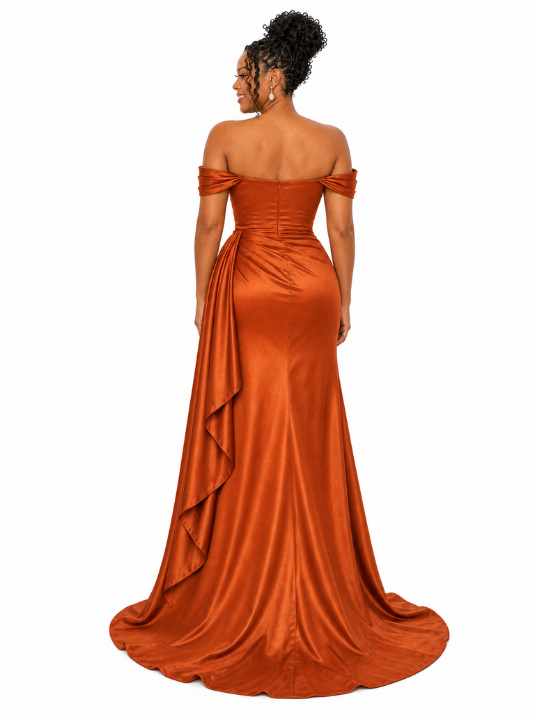 ChicSew V-Neck Off Shoulder Rhinestone Soft Satin Long Mermaid Bridesmaid Dresses