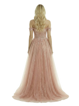 Elegant Off Shoulder A-line Tulle Applique Side Slit Long Evening Prom Dresses